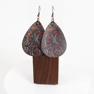 Bohemian Teardrop Earrings - Floral Print Faux Leather, Antique Bronze Finish